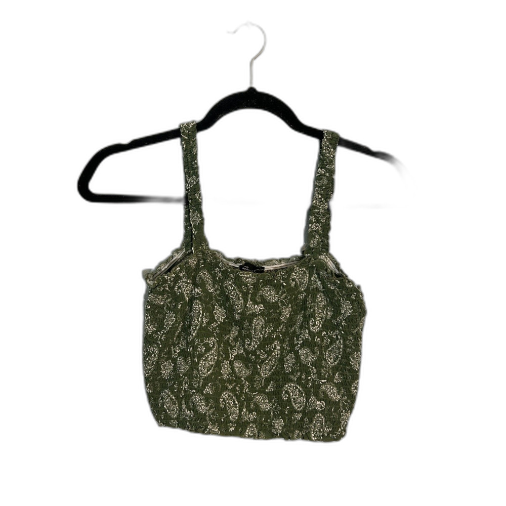 Streetwear Society Olive Green Paisley Smocked Crop Top Tank Wide Strap